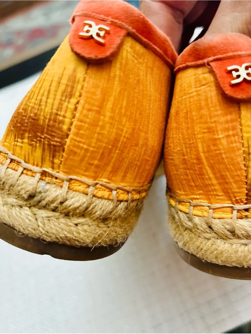 Sam Edelman Orange and Gold Espadrille Penny Loafers